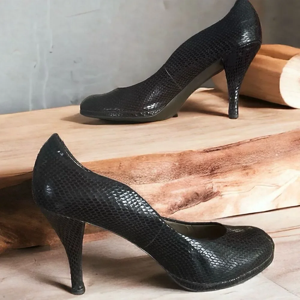 Tahari Colette Black Snakeskin Leather High Heel Classic Pump Shoe Size 10M